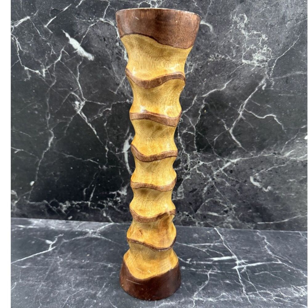 VTG 12" Hand Carved Mango Wood Vase Rustic Boho Mid Century Style Home Decor